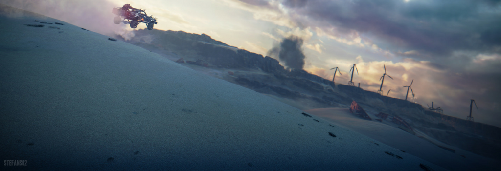 Car jumping over sand dune in dystopian future