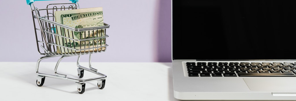 shopping card with dollar bills inside next to a computer
