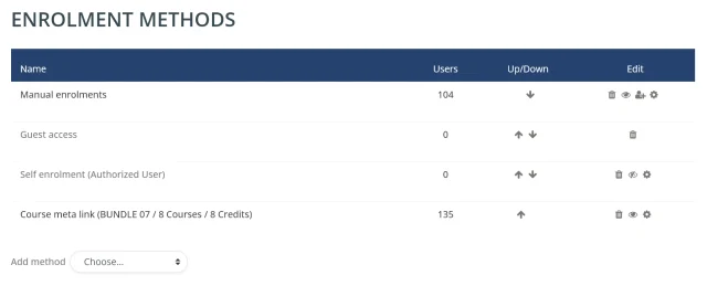 Moodle Course Enrolment Method Screen