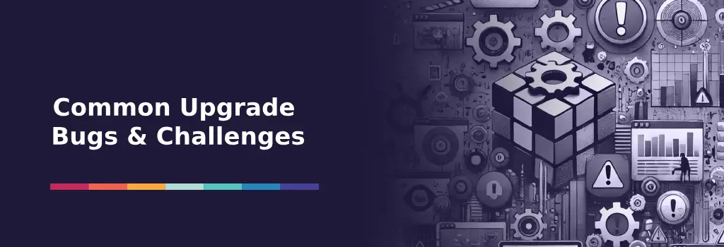Large puzzle cube among gears, charts, and warning signs representing bugs and difficulties in upgrades​ - Managing Moodle Upgrades with Iomad Moodle