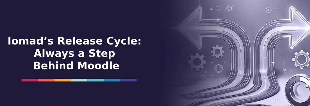 Curved arrows and gears showing delayed progress, symbolizing Iomad trailing behind Moodle release updates - Managing Moodle Upgrades with Iomad Moodle