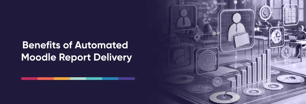 Benefits of Automated Moodle Report Delivery - Managing Moodle Upgrades with Iomad Moodle Digital dashboard and report icons representing automation – How to Automatically Send Moodle Reports.