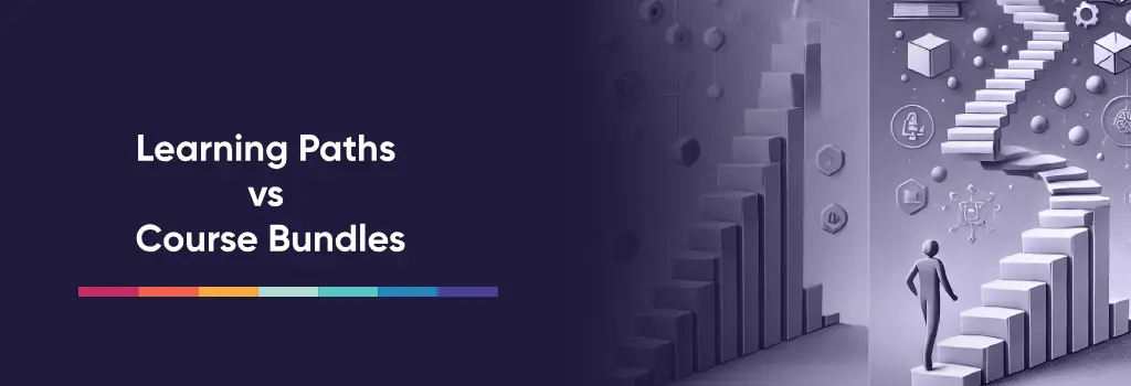 Learning Paths vs Course Bundles - How To Enable Moodle Learning Paths Person on structured stairs vs freeform icons, illustrating guided vs flexible learning paths - How To Enable Moodle Learning Paths.