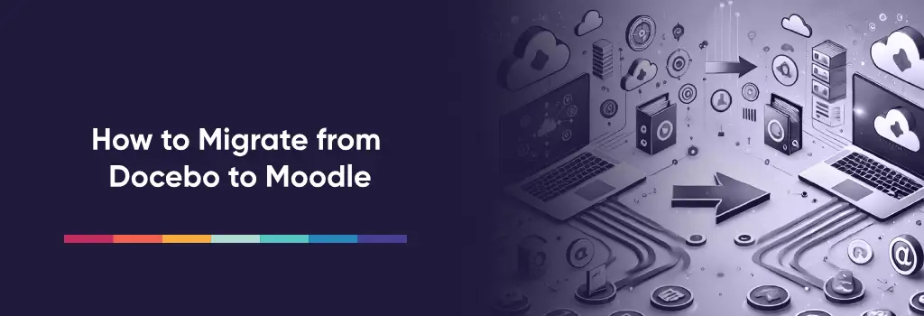 Cloud and laptop with digital icons – How to Migrate from Docebo to Moodle.