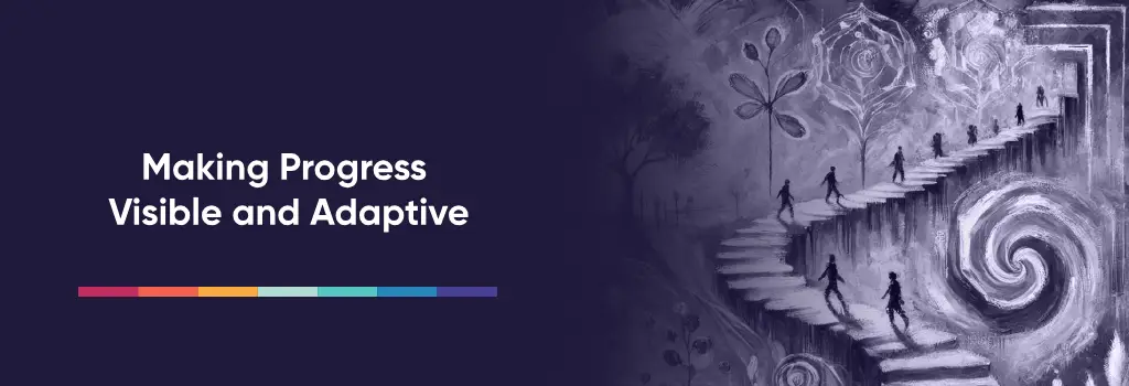 Staircase with learners moving upward, symbolizing progress tracking - Strategies to customize Moodle Course Flow for Improved User Experience Staircase with learners moving upward, symbolizing progress tracking - Strategies to customize Moodle Course Flow for Improved User Experience