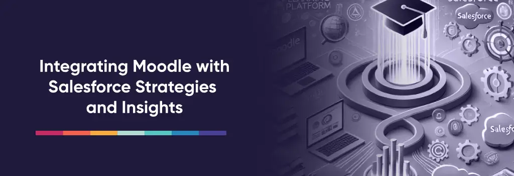 Graduation cap and data spiral connect Moodle and Salesforce systems - Integrating Moodle with Salesforce Strategies and Insights.