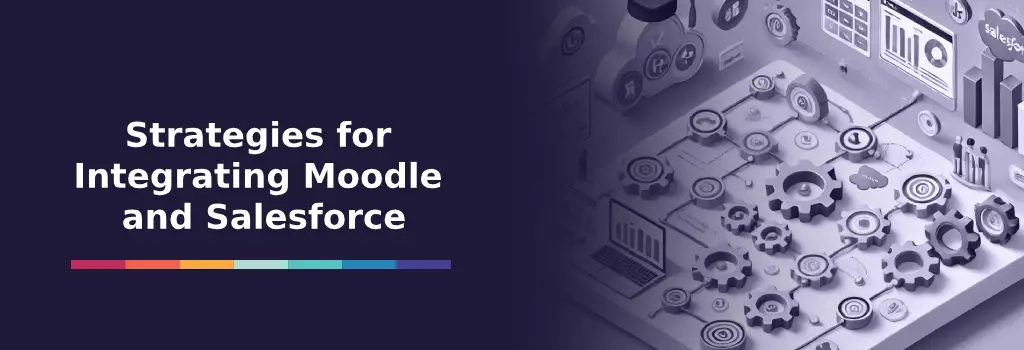 Gears and flowcharts illustrate system integration with laptops and dashboards - Integrating Moodle with Salesforce Strategies and Insights.