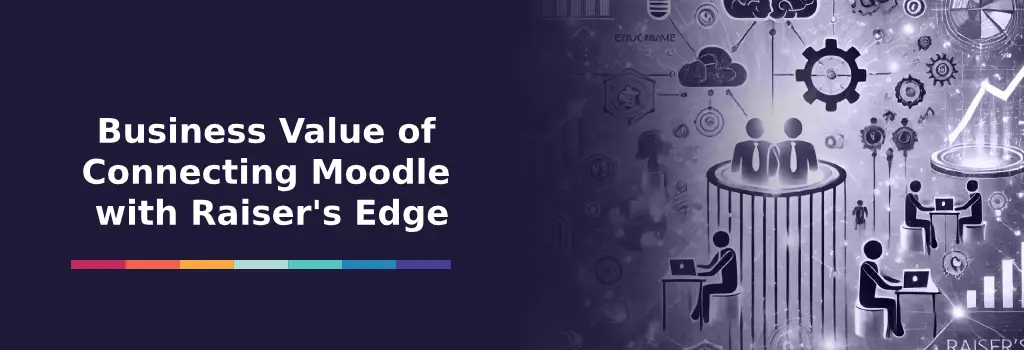 Business team working on connected systems and analytics icons - Integrating Moodle with Raiser's Edge Strategies and Insights