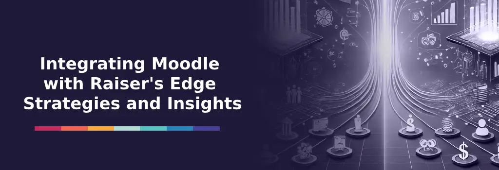 Futuristic data streams connecting icons for people, education, and finance - Integrating Moodle with Raiser's Edge Strategies and Insights