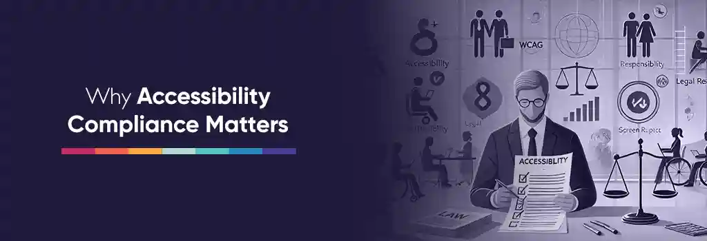 Illustration of business leaders reviewing an accessibility compliance checklist with icons for legal balance, inclusion, and growth performance. Why Accessibility Compliance Matters Illustration of business leaders reviewing an accessibility compliance checklist with icons for legal balance, inclusion, and growth performance. Why Accessibility Compliance Matters