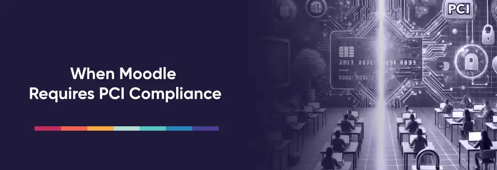 Classroom of learners under a glowing digital network with PCI and card icons - Ensuring PCI Compliance with Moodle