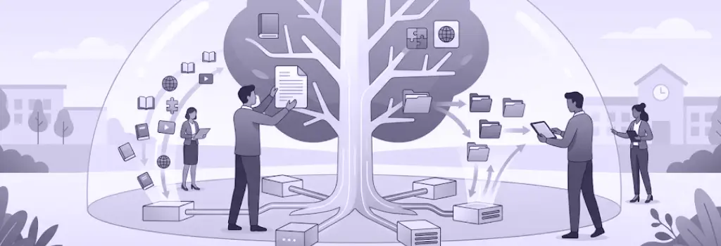 Illustration of people managing course files with a data tree - How Schools Can Deal with Large Moodle Storage