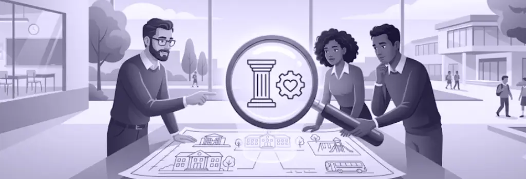 People examining a school plan, using a magnifying glass to zoom in on a core system pillar and gear icon. - How Schools Can Deal with Large Moodle Storage